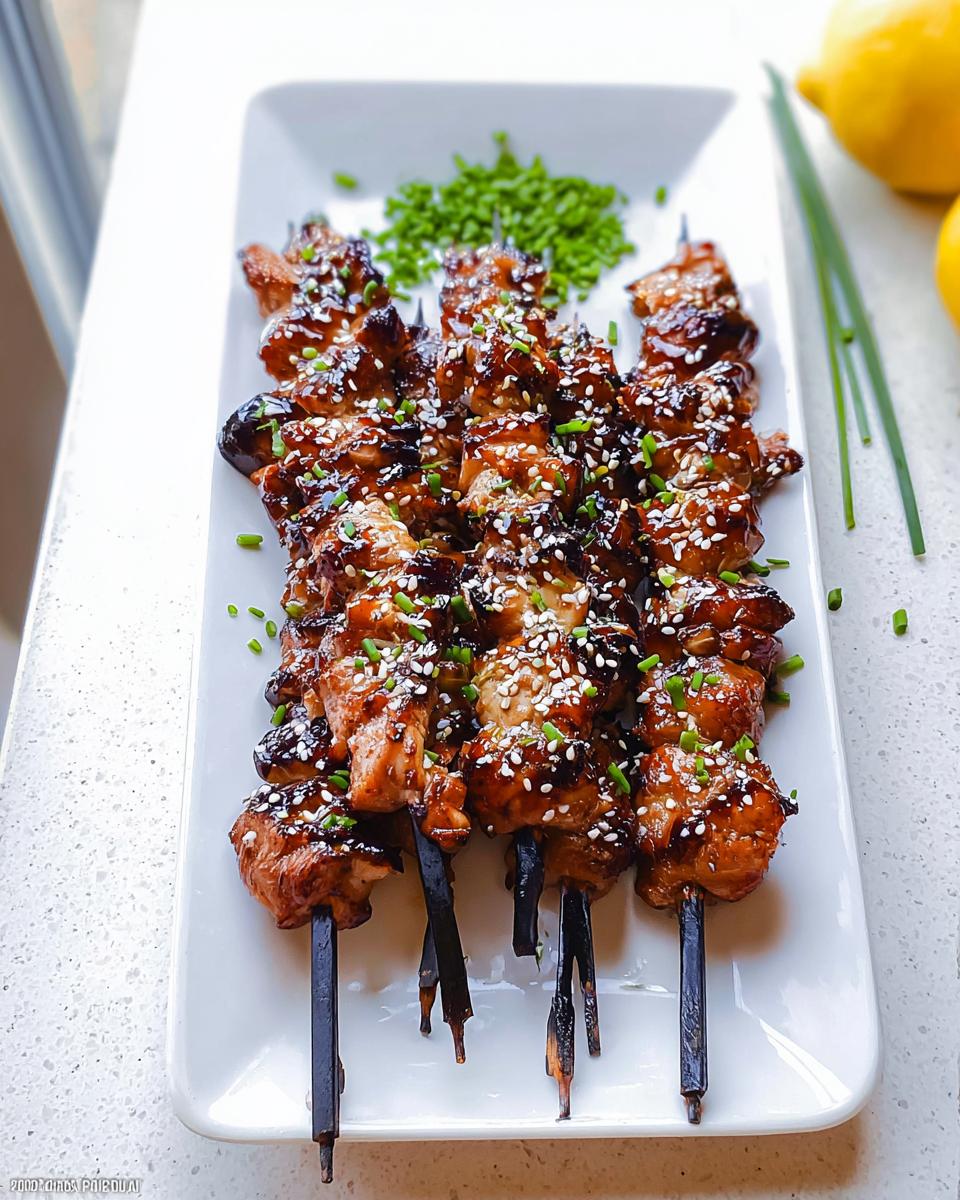 A platter of glistening Easy Japanese Chicken Yakitori Skewers, sprinkled with sesame seeds and chives.