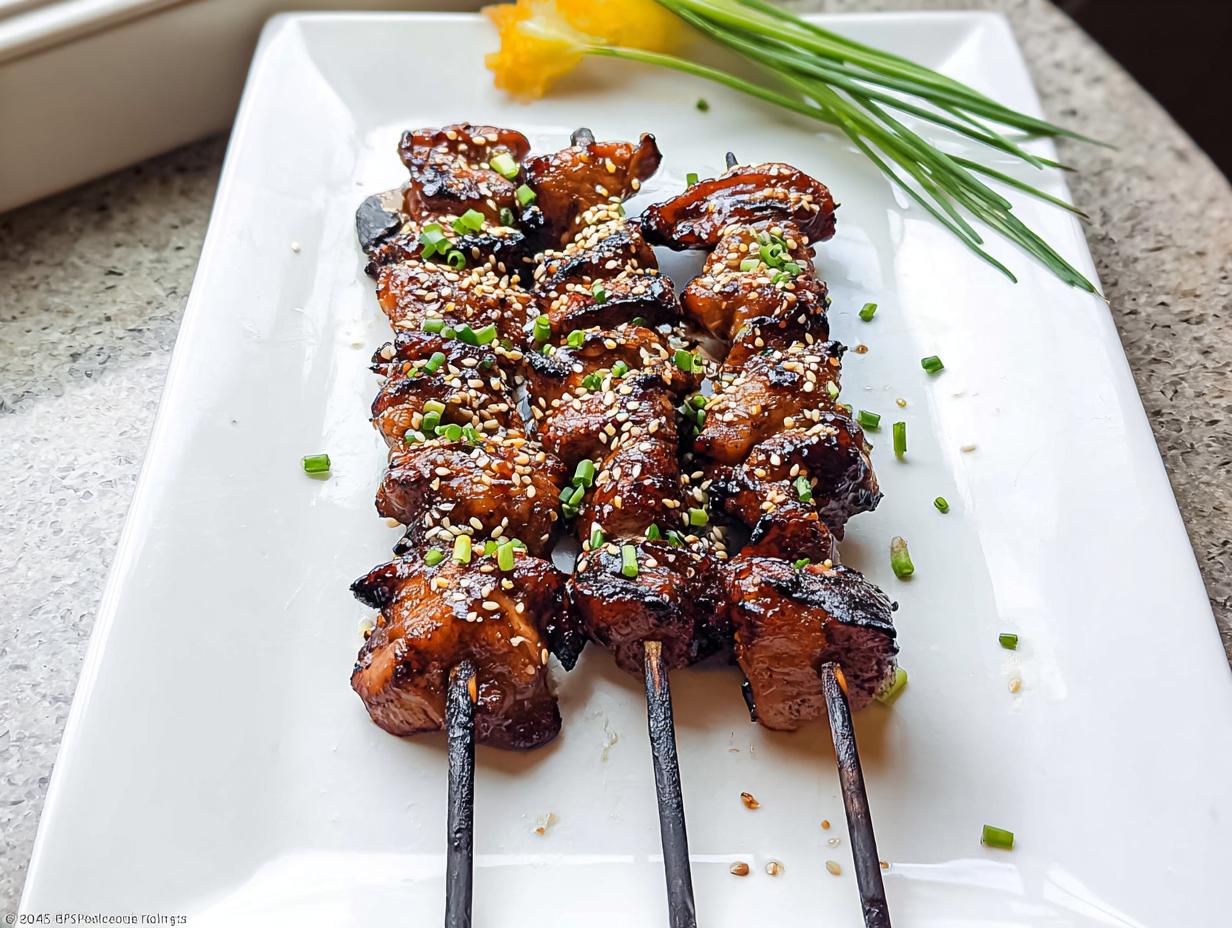 Three skewers of glistening Easy Japanese Chicken Yakitori, sprinkled with sesame seeds and chopped green onions.