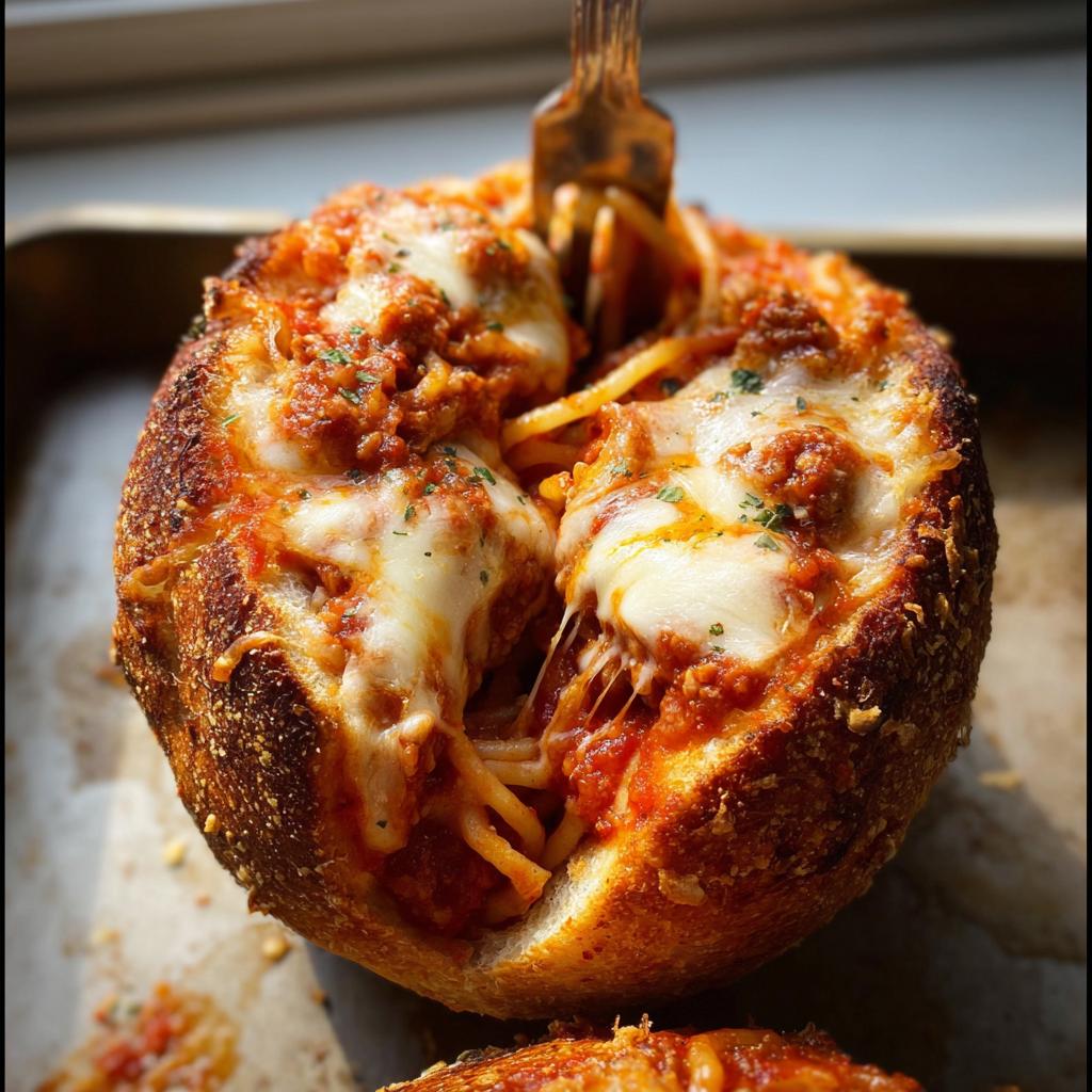 A fork is stuck into a delicious Easy Spaghetti Garlic Bread Bowl filled with spaghetti, sauce, and melted cheese.