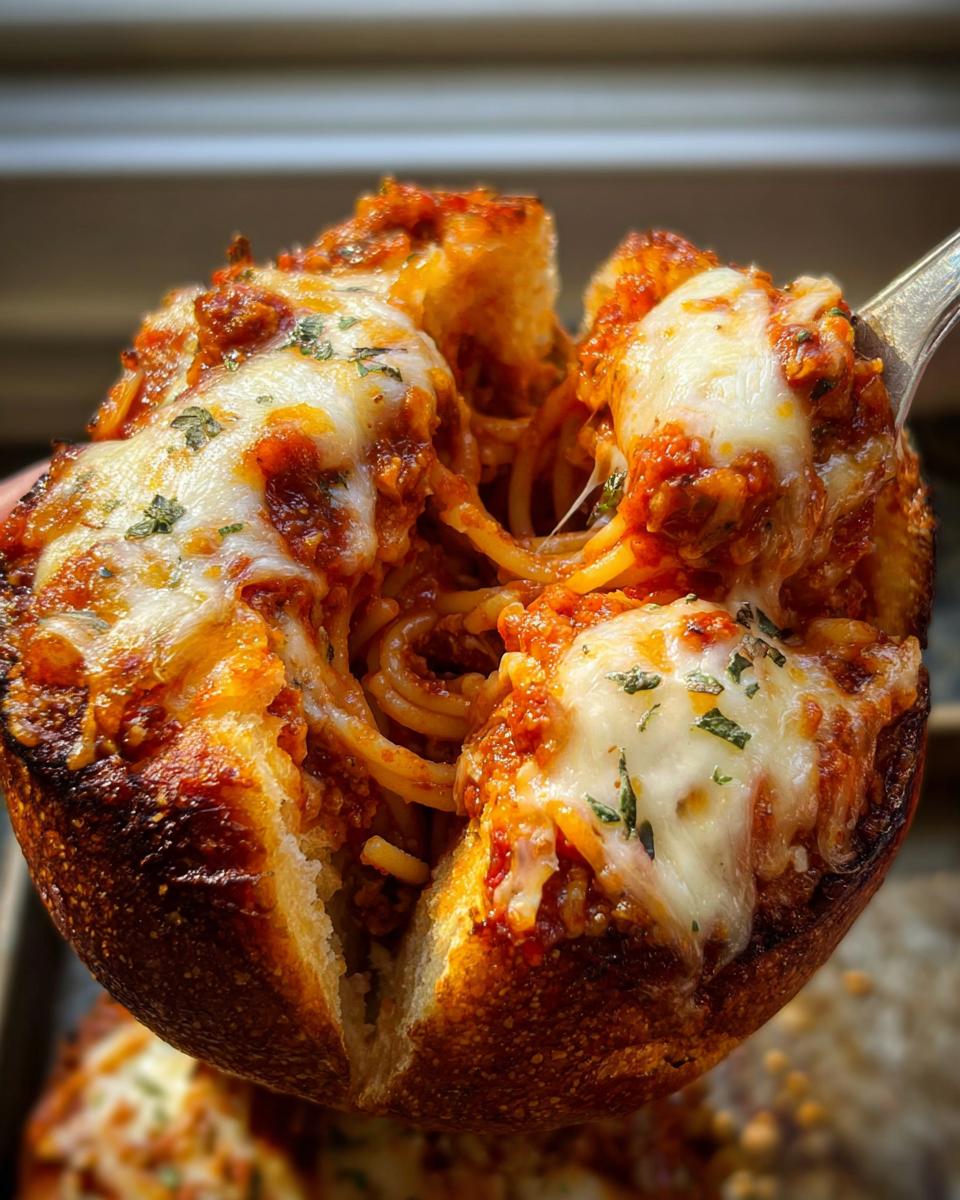 A close-up of an Easy Spaghetti Garlic Bread Bowl overflowing with spaghetti, marinara sauce, and melted mozzarella cheese.