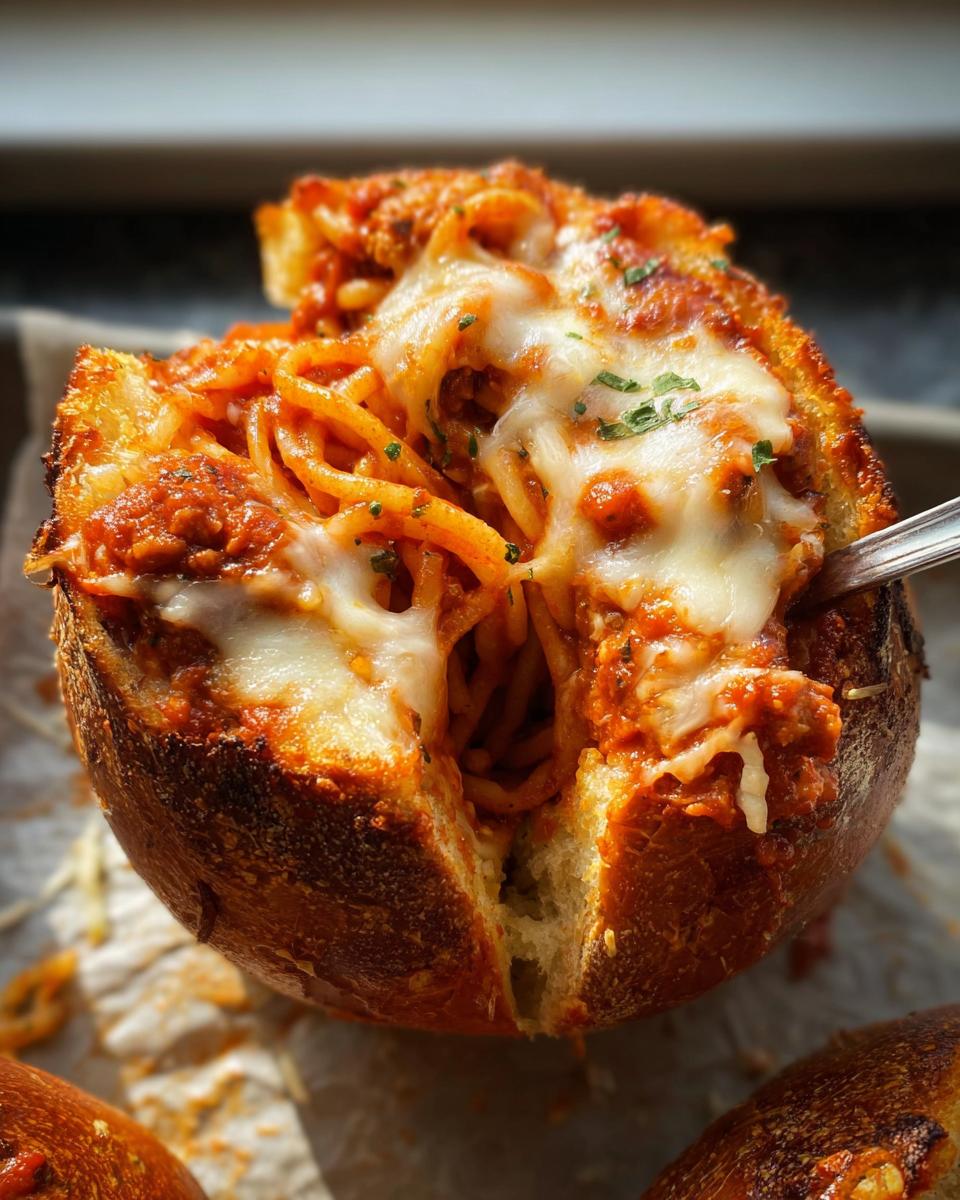 A close-up of an Easy Spaghetti Garlic Bread Bowl filled with spaghetti and marinara sauce, topped with melted mozzarella cheese.