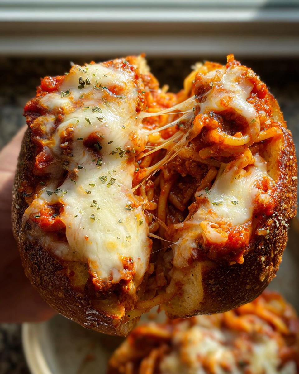 A close-up of an Easy Spaghetti Garlic Bread Bowl, split open to reveal cheesy spaghetti filling.