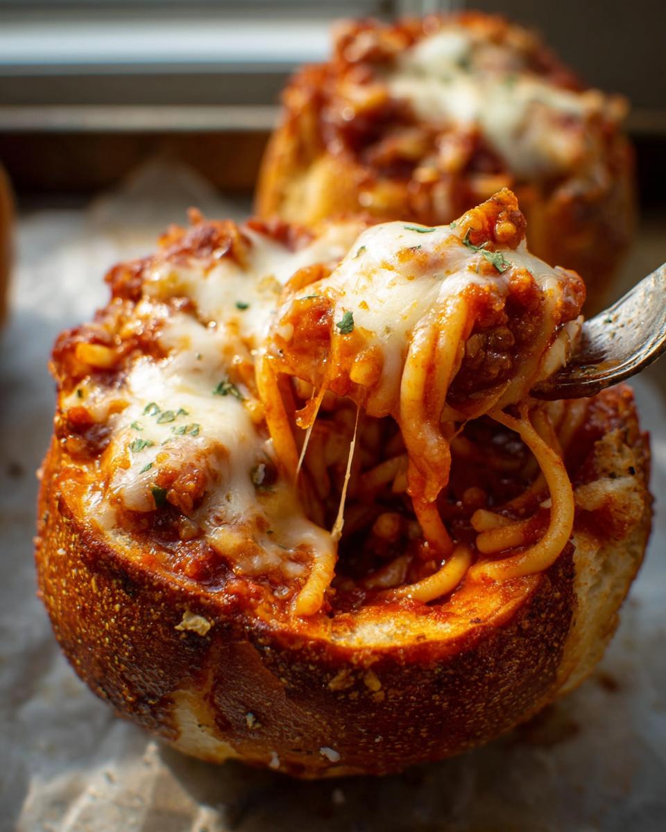 A fork pulling cheesy spaghetti from an Easy Spaghetti Garlic Bread Bowl, topped with marinara sauce and herbs.