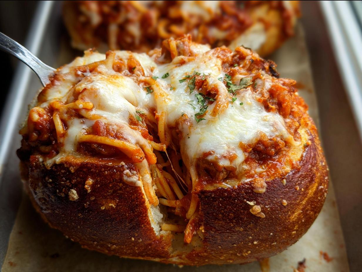 A close-up of an Easy Spaghetti Garlic Bread Bowl overflowing with spaghetti and melted cheese, with a fork lifting some out.