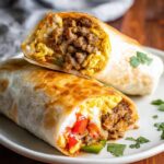 Close-up of two Effortless & Tasty Freezer Breakfast Burritos, one cut in half, revealing scrambled eggs, sausage, and peppers.