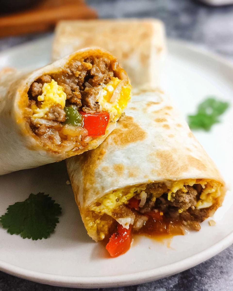 Close-up of a cut freezer breakfast burrito filled with scrambled eggs, seasoned ground meat, and diced red and green peppers.