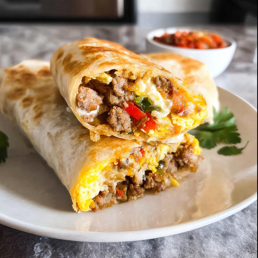 Two halves of an Effortless & Tasty Freezer Breakfast Burrito filled with sausage, eggs, and peppers.