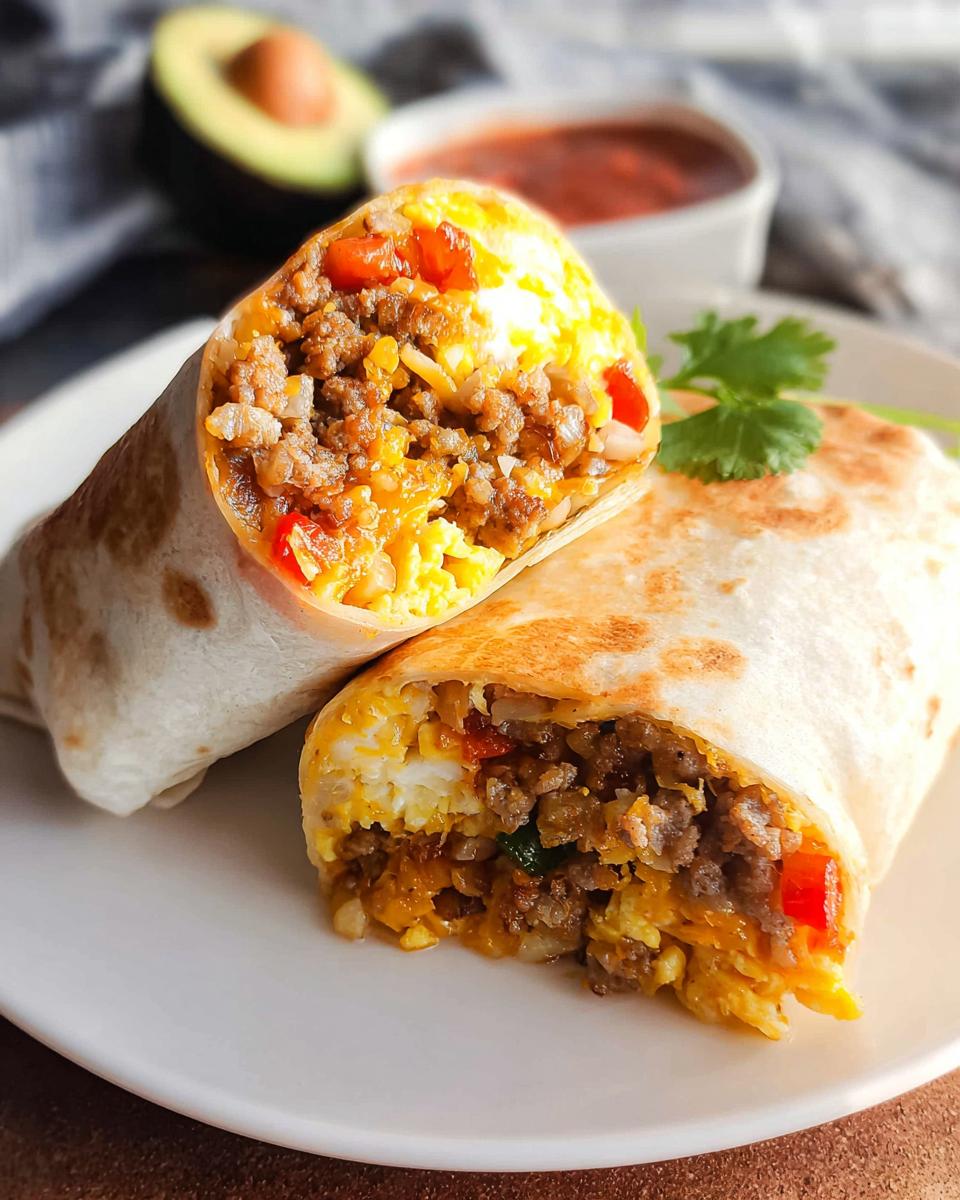 A close-up of a halved breakfast burrito filled with scrambled eggs, sausage, cheese, and peppers, perfect for effortless freezer meals.