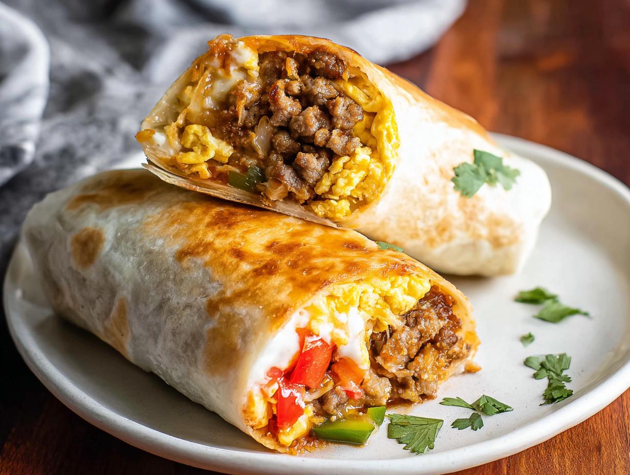 Close-up of two Effortless & Tasty Freezer Breakfast Burritos, one cut in half, revealing scrambled eggs, sausage, and peppers.