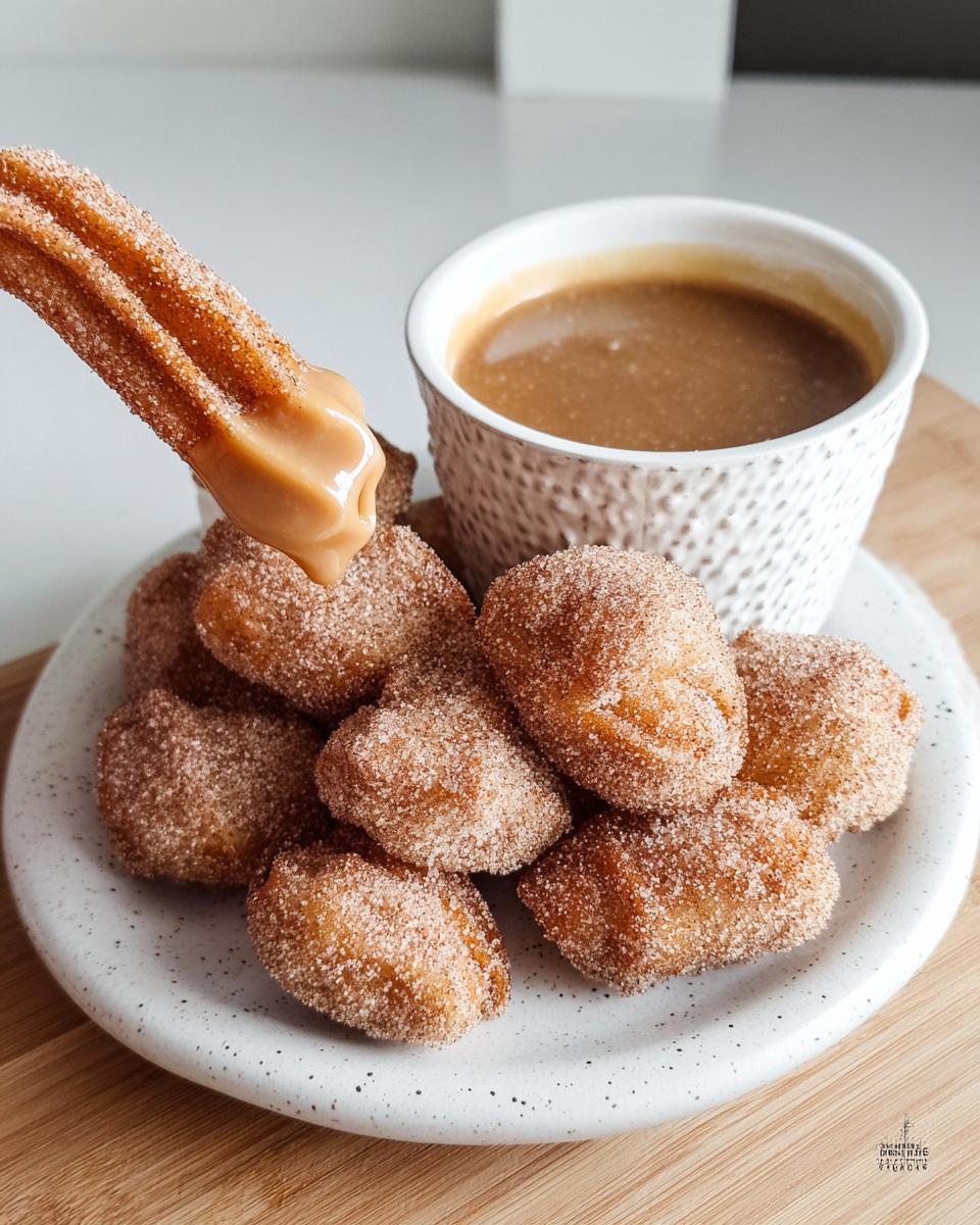A churro being dipped into caramel sauce, with a pile of fluffy air fryer churro bites in the background.