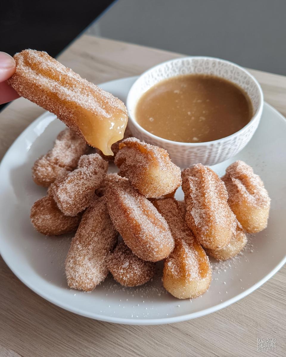 A hand dips a fluffy air fryer churro bite into a caramel sauce, with a plate full of churro bites in the background.