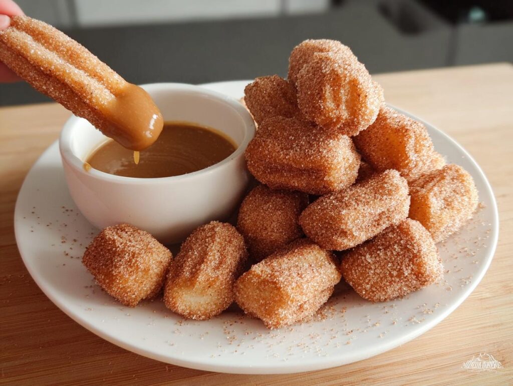 A hand dips a fluffy air fryer churro bite into a caramel dipping sauce, with a pile of churro bites on a plate.