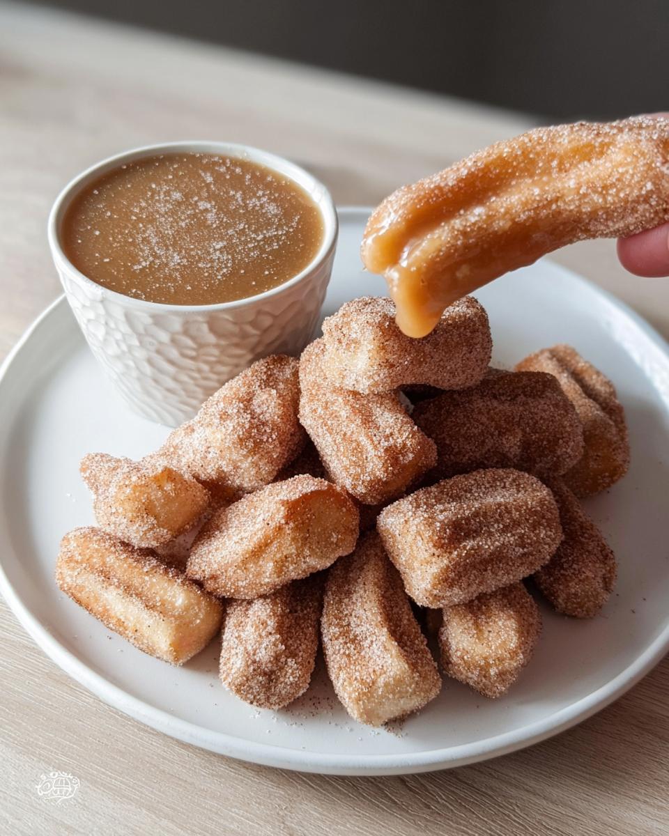 A hand dips a fluffy air fryer churro bite into a bowl of caramel sauce, with a pile of churro bites on a plate.