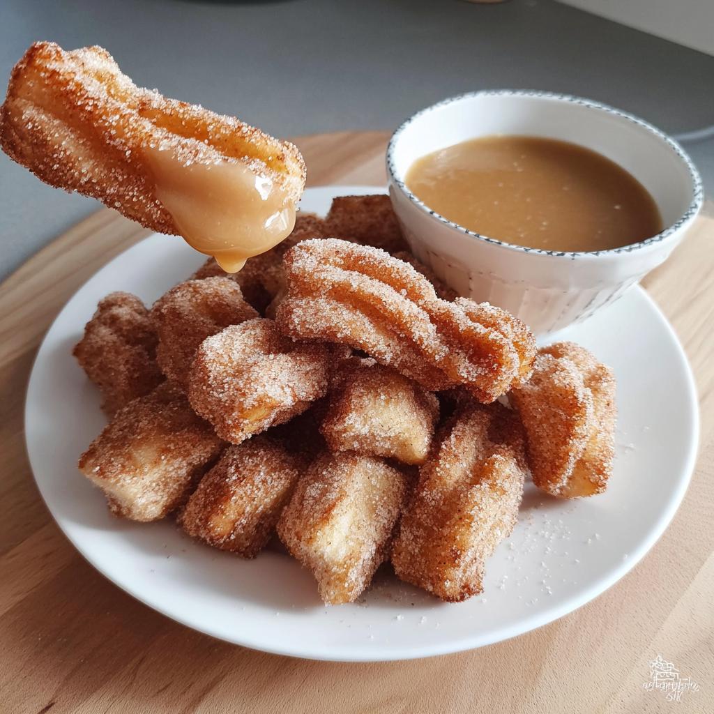 A pile of fluffy air fryer churro bites coated in cinnamon sugar, with one bite being dipped into a caramel sauce.