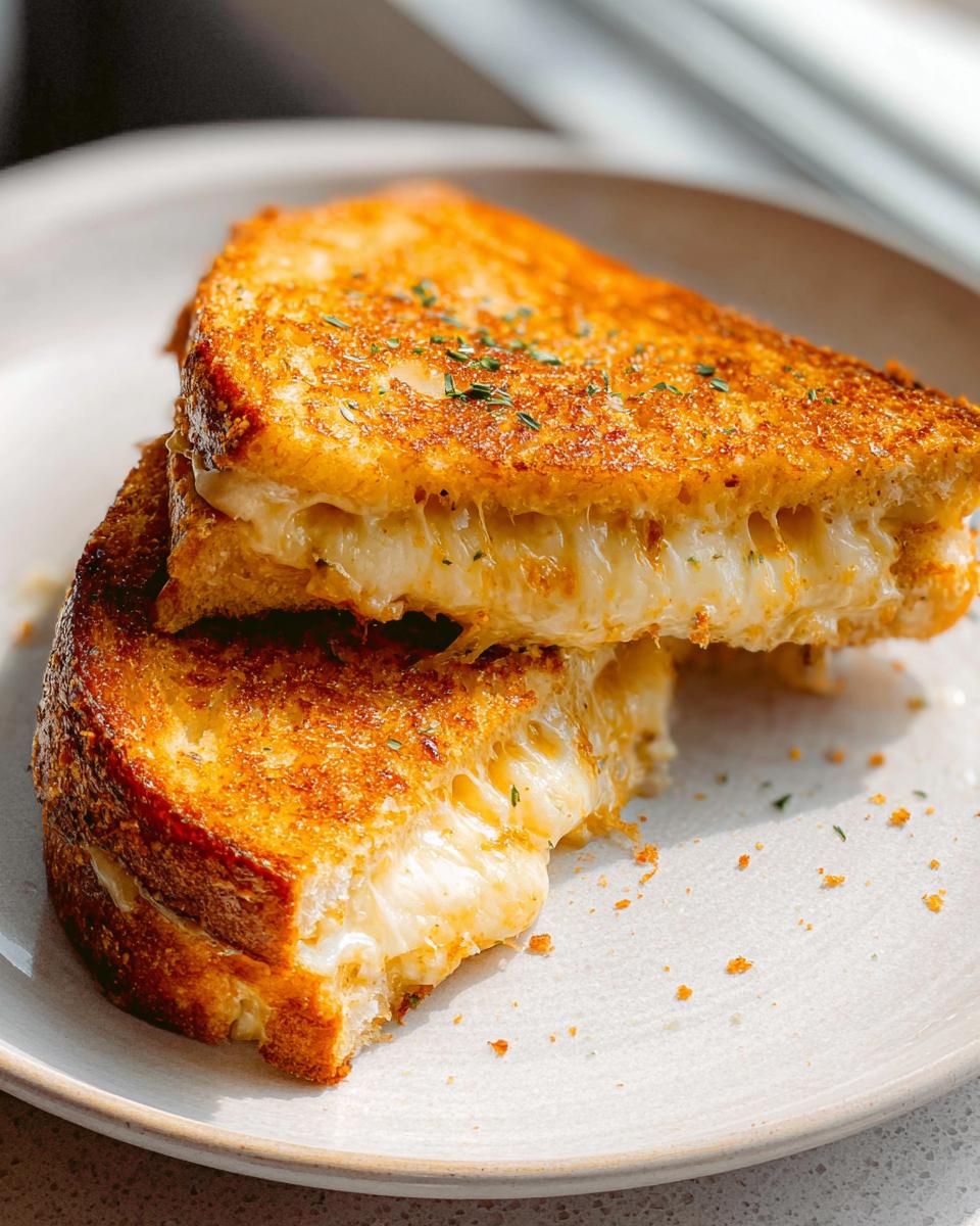 Two halves of a golden-brown Garlic Bread Grilled Cheese sandwich, with gooey melted cheese oozing out.