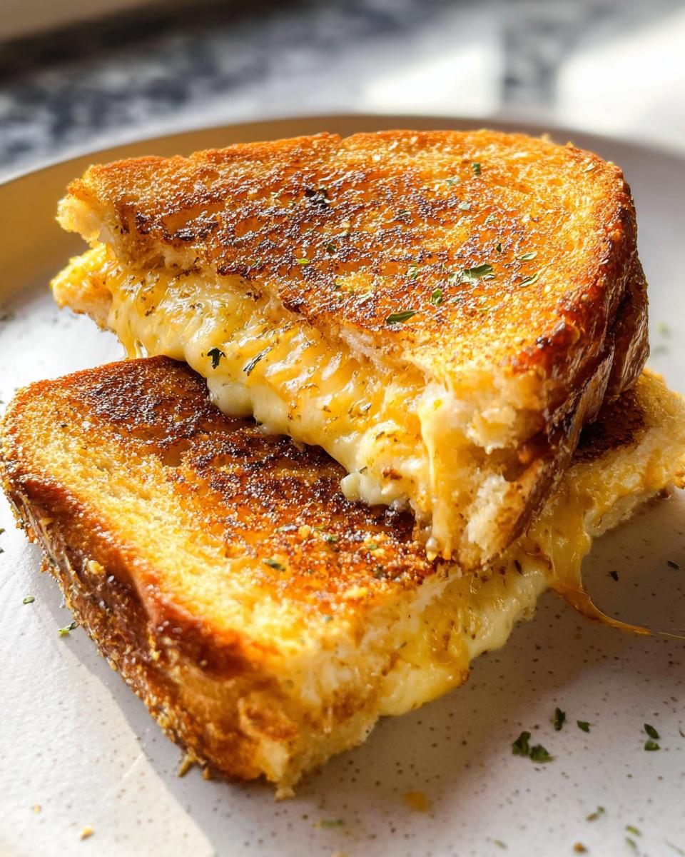 Close-up of a gooey Garlic Bread Grilled Cheese sandwich, with melted cheese oozing out.