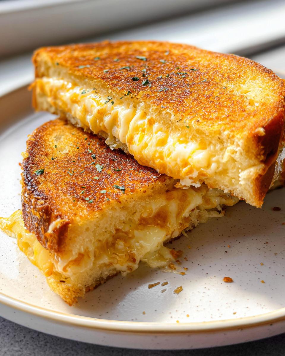 A close-up of a perfectly grilled Garlic Bread Grilled Cheese sandwich, with gooey melted cheese oozing out.