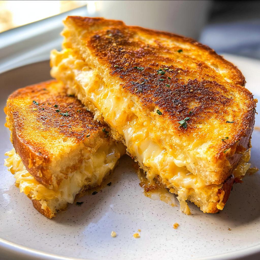 A close-up of a delicious Garlic Bread Grilled Cheese sandwich, cut in half, with melted cheese oozing out.