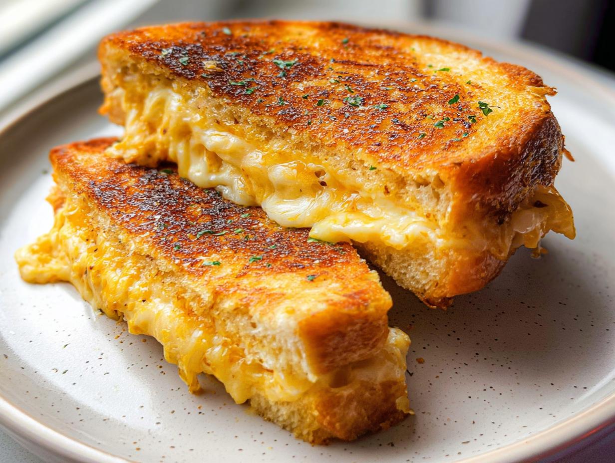 A close-up of a perfectly grilled Garlic Bread Grilled Cheese sandwich, oozing with melted cheese and sprinkled with herbs.