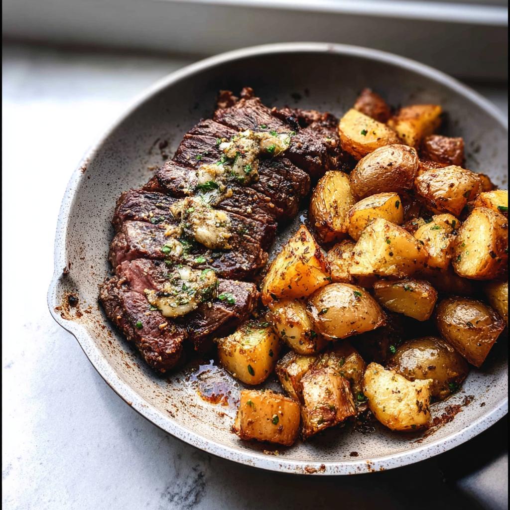 A close-up of a Garlic Butter Steak and Potatoes Skillet, featuring sliced steak topped with garlic butter and herbs, next to golden roasted potatoes.