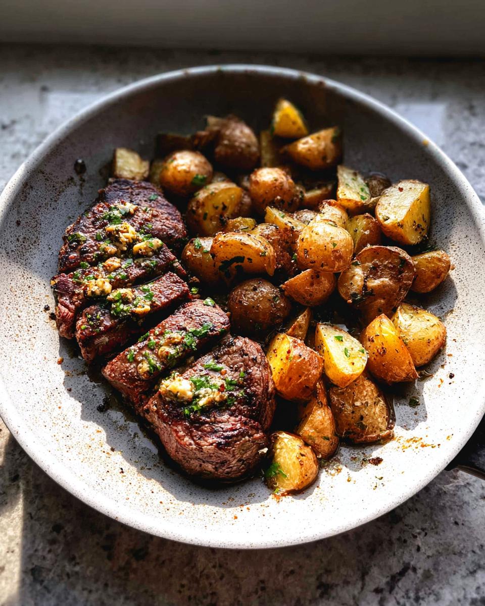 Close-up of sliced Garlic Butter Steak and Potatoes Skillet, featuring tender steak and golden roasted potatoes.