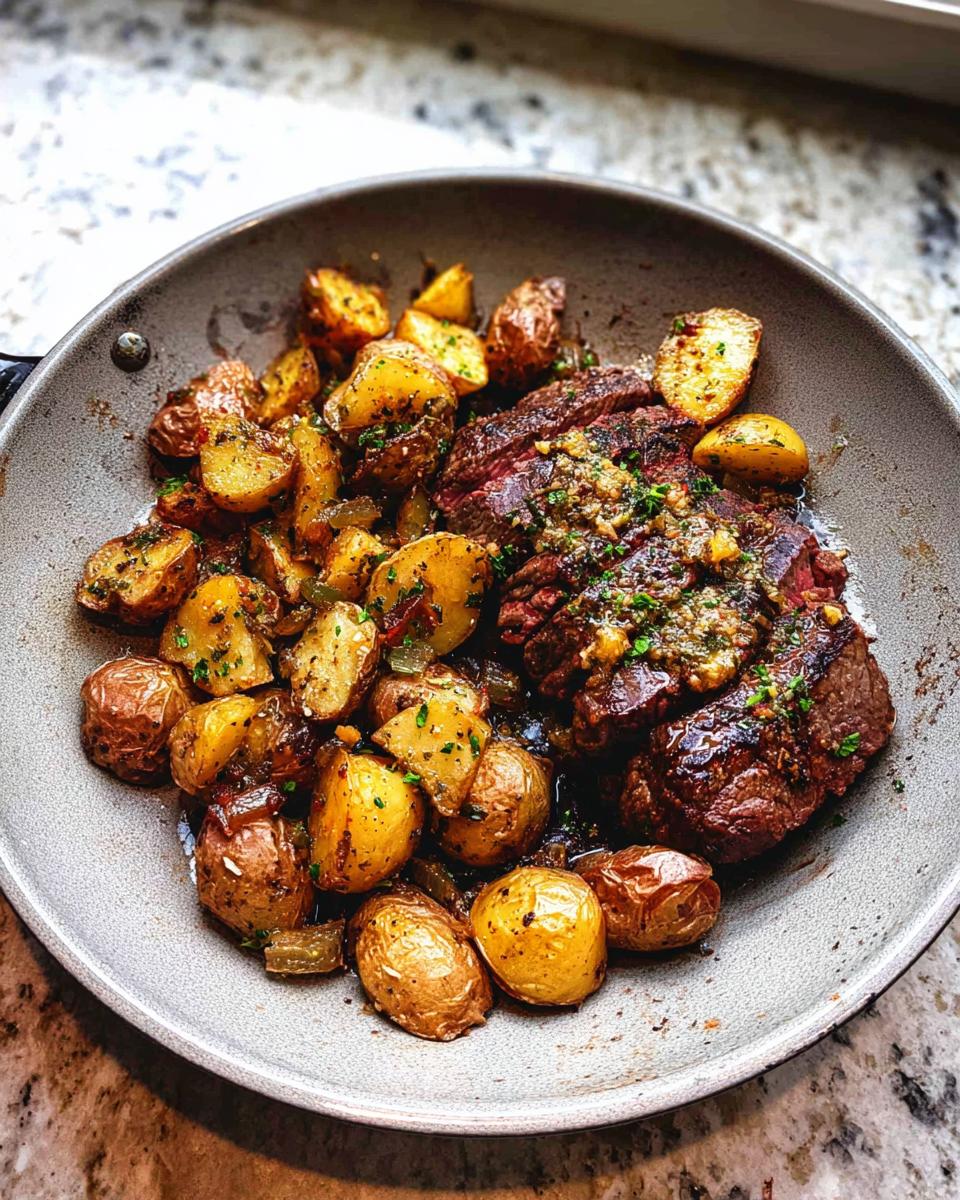 A close-up of a skillet filled with Garlic Butter Steak and Potatoes, garnished with fresh herbs.