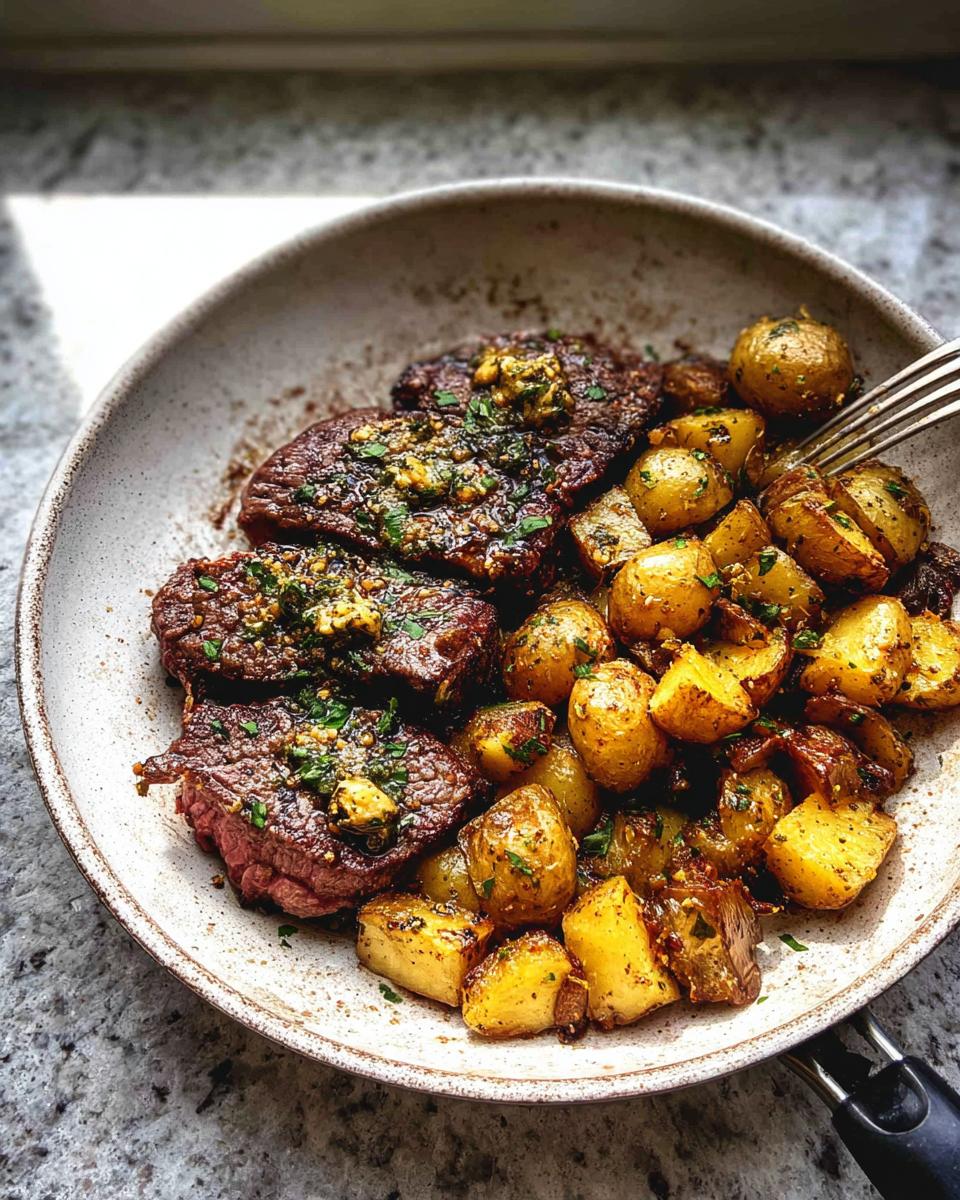 A close-up of a skillet filled with Garlic Butter Steak and Potatoes, topped with herbs and garlic butter.