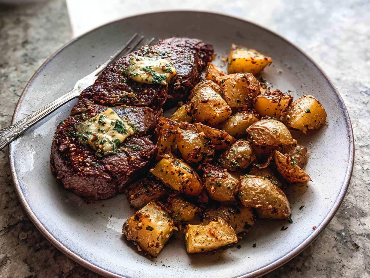 A plate of Garlic Butter Steak and Potatoes Skillet, featuring tender steak topped with garlic butter and seasoned roasted potatoes.