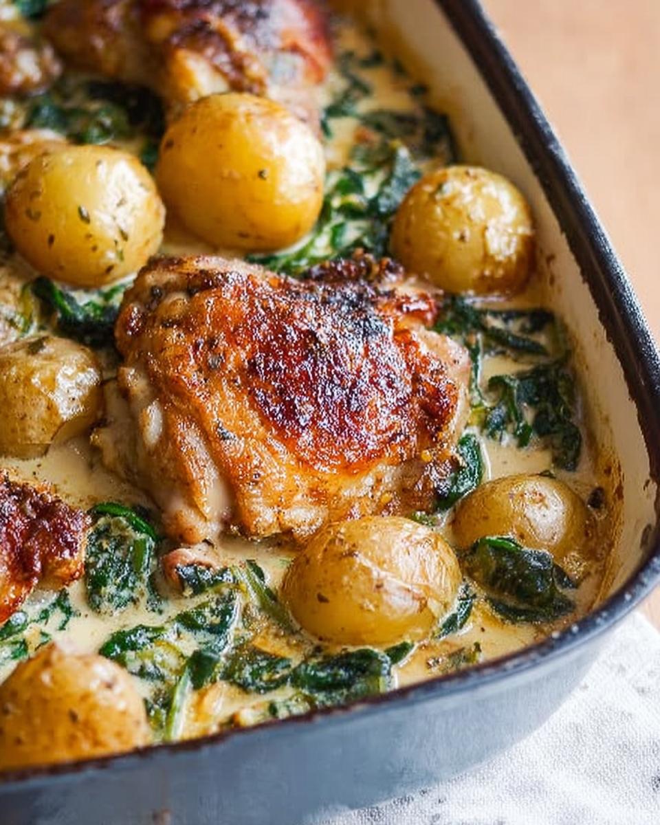 Close-up of Garlic Parmesan Chicken Thighs and Potatoes baked in a creamy spinach sauce in a black baking dish.