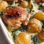 Close-up of a golden-brown garlic parmesan chicken thigh nestled among baby potatoes and spinach in a creamy sauce.