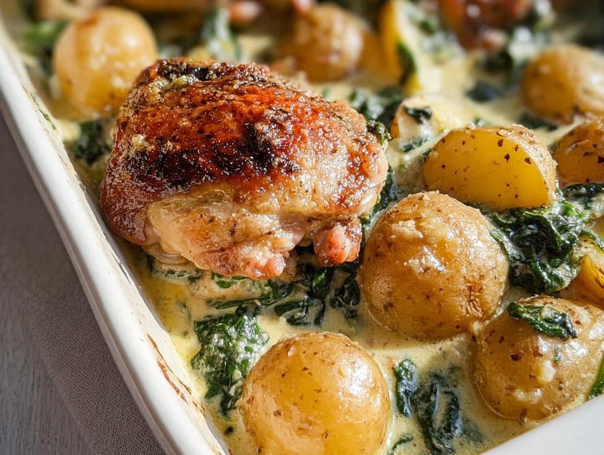 Close-up of a golden-brown garlic parmesan chicken thigh nestled among baby potatoes and spinach in a creamy sauce.