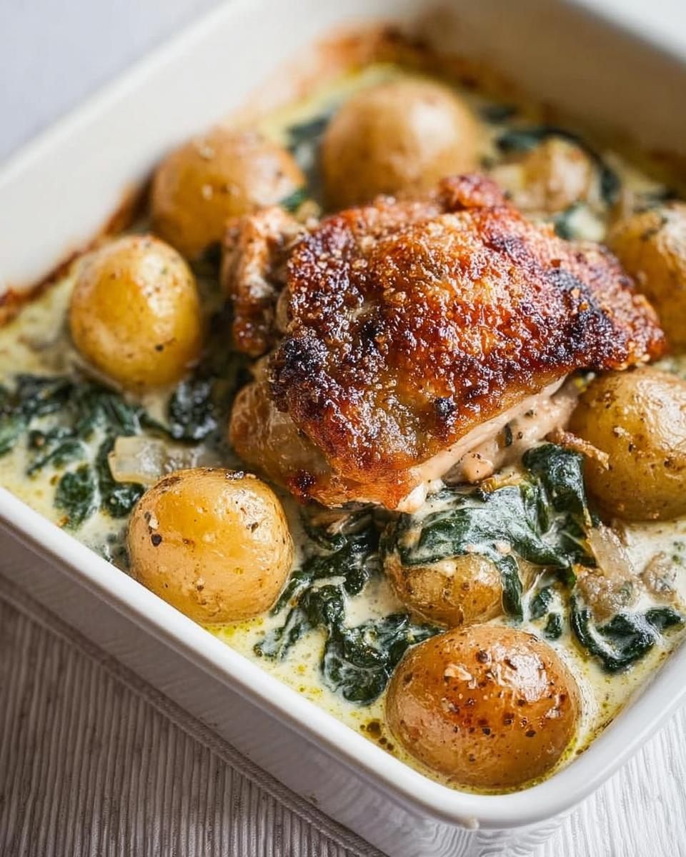 A close-up of Garlic Parmesan Chicken Thighs and Potatoes baked in a creamy sauce with spinach.