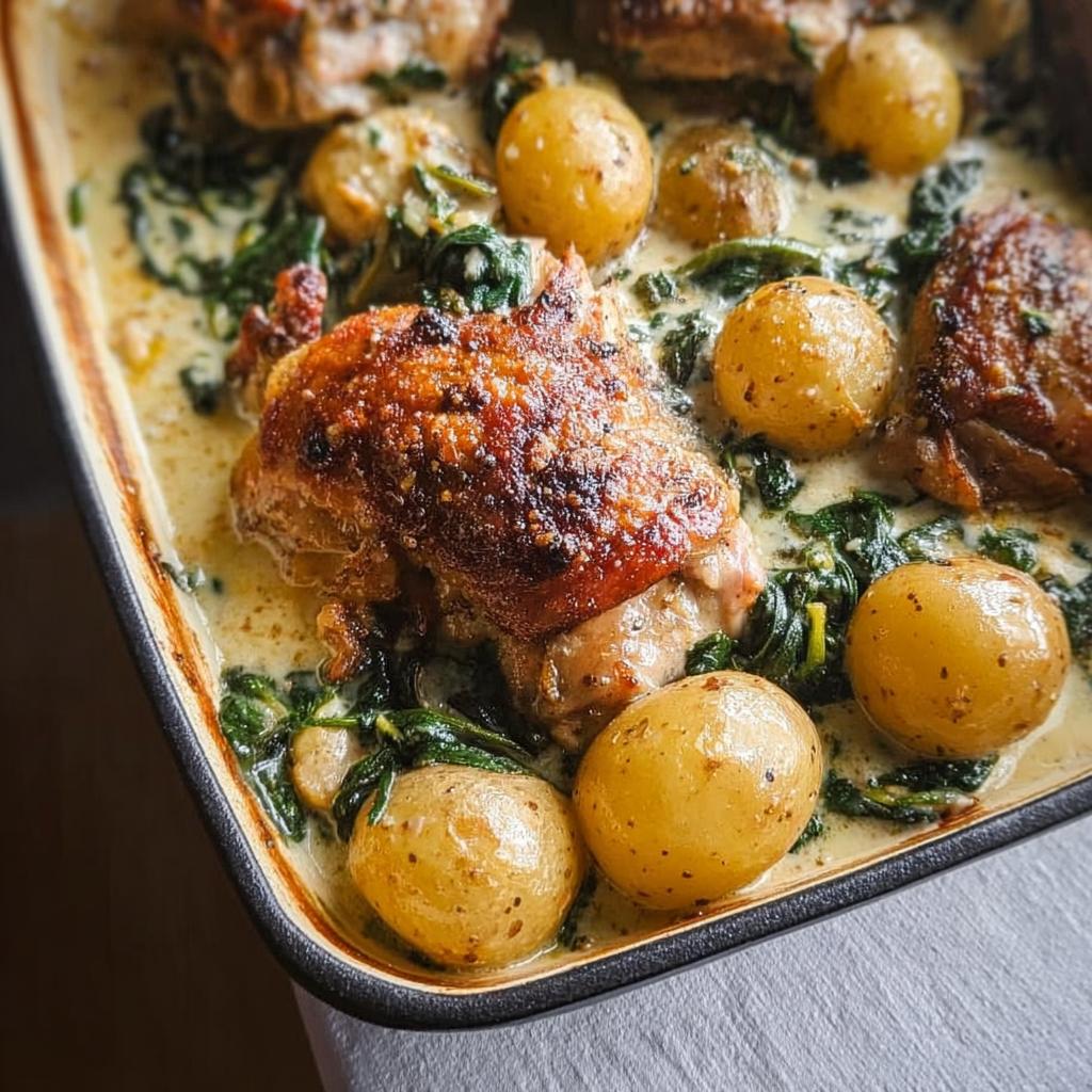Close-up of a baking dish filled with Garlic Parmesan Chicken Thighs and Potatoes in a creamy sauce with spinach.
