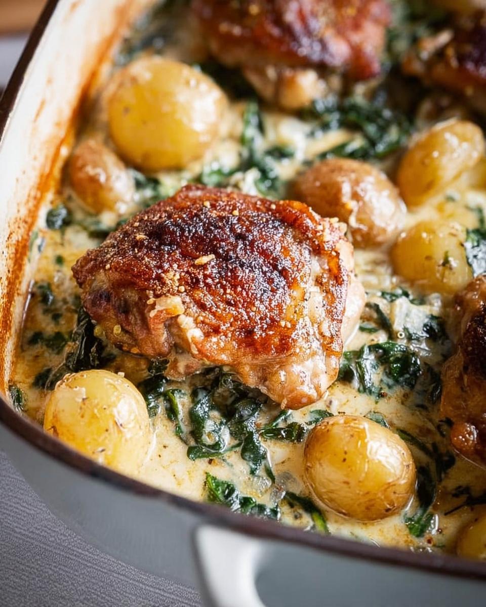 Close-up of Garlic Parmesan Chicken Thighs and Potatoes baked in a creamy sauce with spinach.