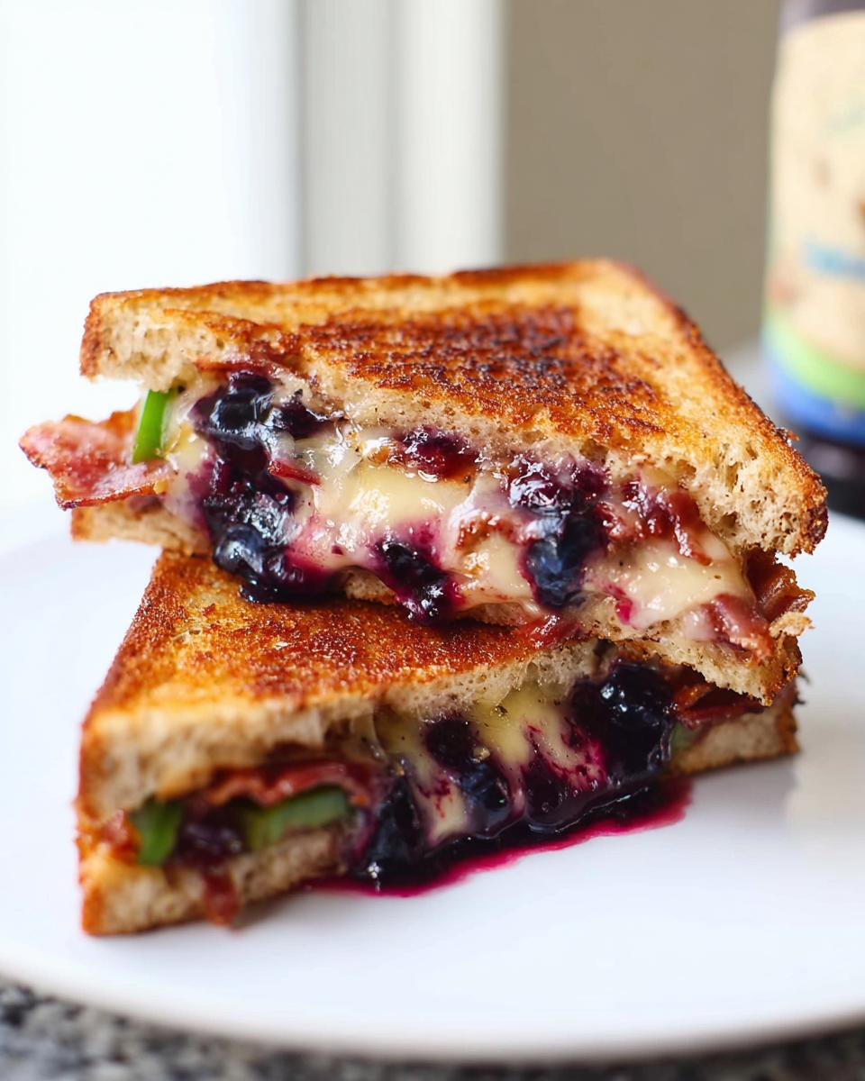 A close-up of a gourmet blueberry grilled cheese sandwich, cut in half, showing melted cheese, blueberries, and bacon.