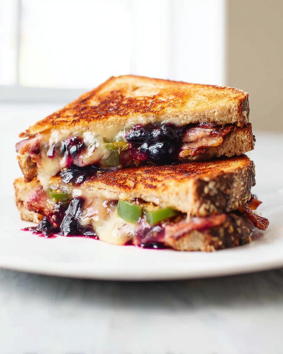A stack of two halves of a Gourmet Blueberry Grilled Cheese sandwich, showing melted cheese, blueberries, and bacon.