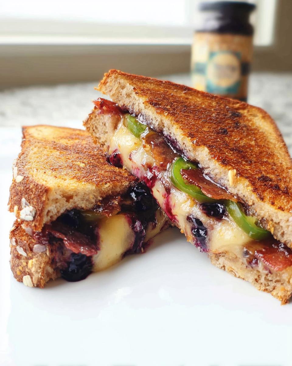 A gourmet blueberry grilled cheese sandwich, cut in half, revealing melted cheese, blueberries, and bacon.