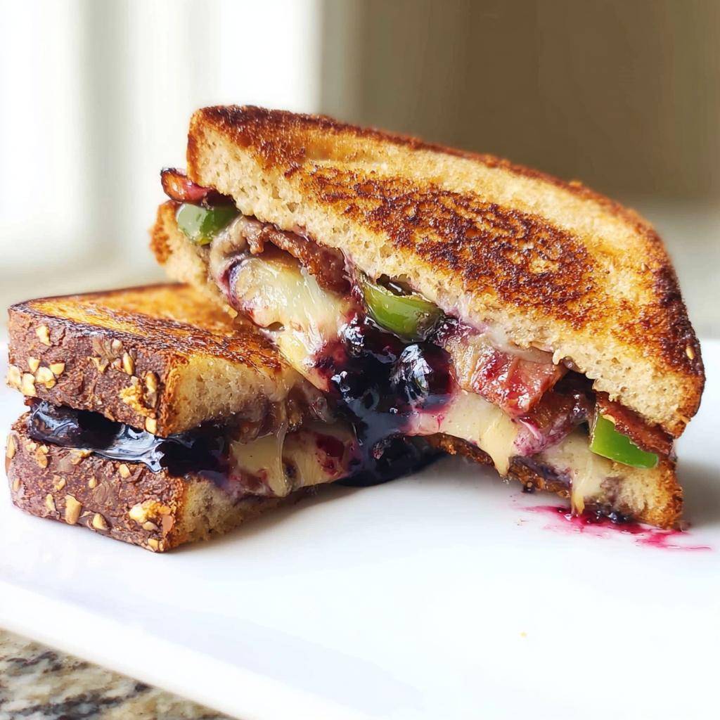 A gourmet blueberry grilled cheese sandwich, cut in half, showing melted cheese, blueberries, bacon, and green peppers.