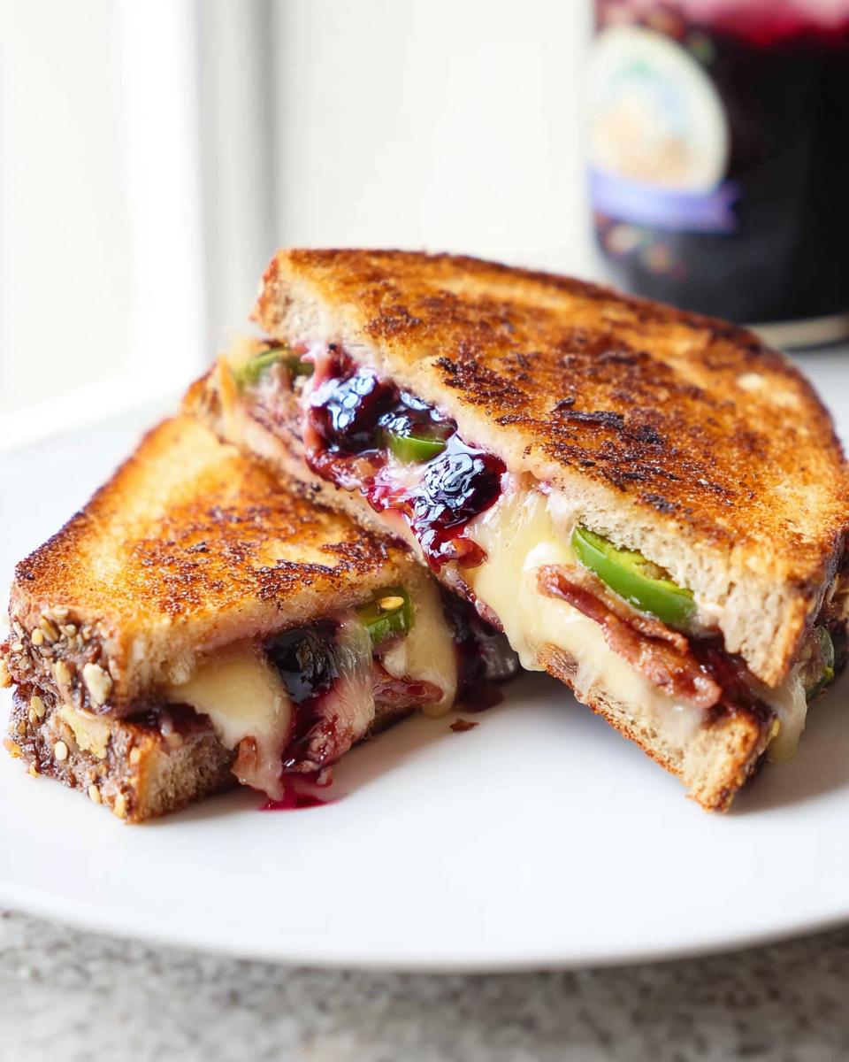 A gourmet blueberry grilled cheese sandwich, cut in half, revealing melted cheese, blueberries, and jalapenos.