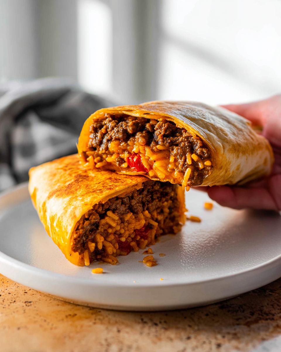A close-up of a Grilled Cheese Burrito Made Easy, cut in half, revealing a savory filling of seasoned ground beef and rice with red peppers.
