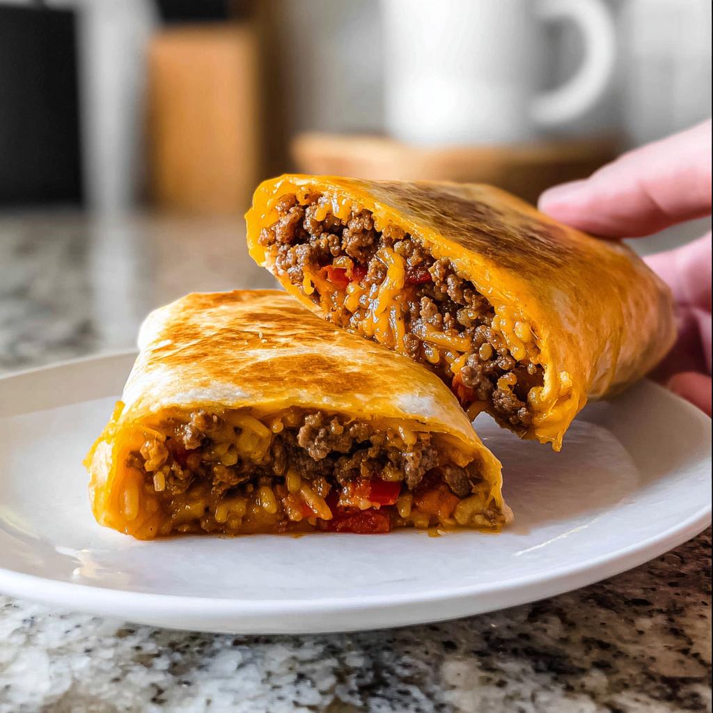 A close-up of a Grilled Cheese Burrito Made Easy, cut in half to reveal a hearty filling of seasoned ground beef, rice, and melted cheese.