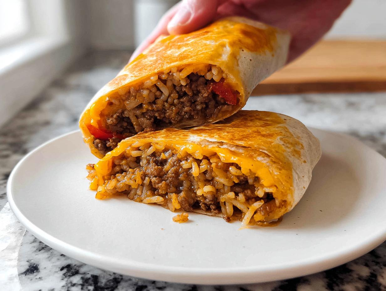 A close-up of a Grilled Cheese Burrito Made Easy, cut in half, revealing seasoned ground beef and rice filling with melted cheese.