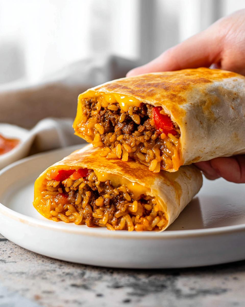A close-up of a grilled cheese burrito made easy, cut in half to reveal seasoned ground beef, rice, and melted cheese.