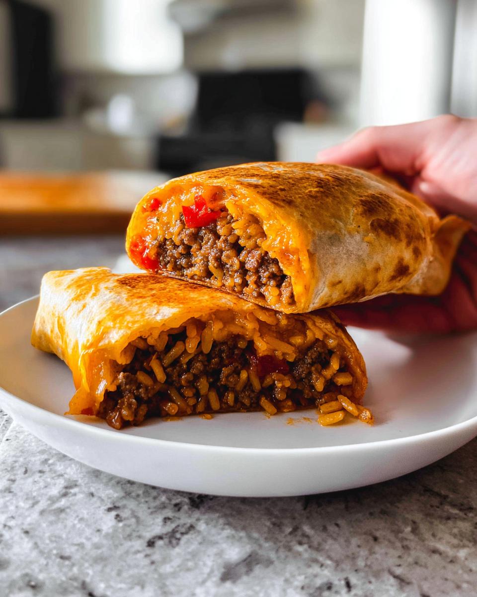 A close-up of a Grilled Cheese Burrito Made Easy, cut in half, revealing a hearty filling of seasoned ground beef and rice.