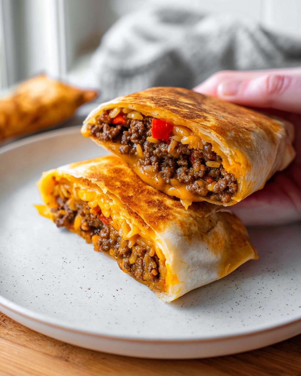 A close-up of a Grilled Cheese Burrito Made Easy, cut in half, showing seasoned ground beef, rice, and melted cheese.