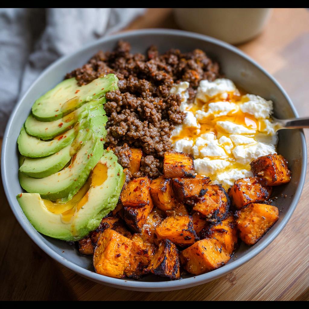 A delicious Ground Beef Hot Honey Bowl featuring seasoned ground beef, sliced avocado, roasted sweet potato cubes, and a dollop of cheese drizzled with honey.