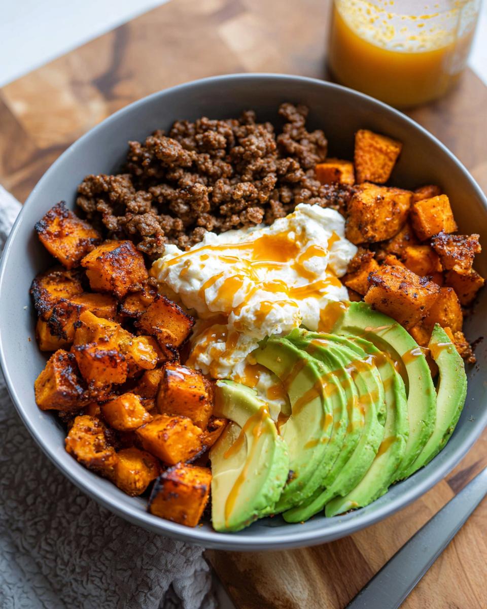 A close-up of a Ground Beef Hot Honey Bowl featuring seasoned ground beef, roasted sweet potatoes, creamy cheese, and sliced avocado, drizzled with hot honey.