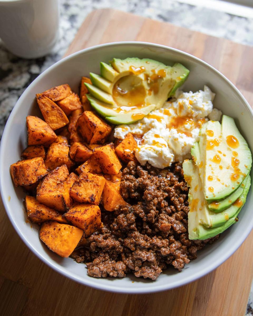 A close-up of a Ground Beef Hot Honey Bowl featuring seasoned ground beef, roasted sweet potato cubes, sliced avocado, and a dollop of cheese.