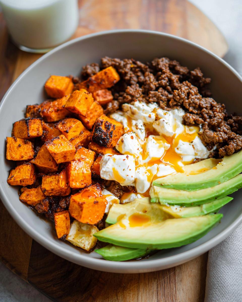 A close-up of a Ground Beef Hot Honey Bowl featuring seasoned ground beef, roasted sweet potatoes, creamy cheese, and sliced avocado.