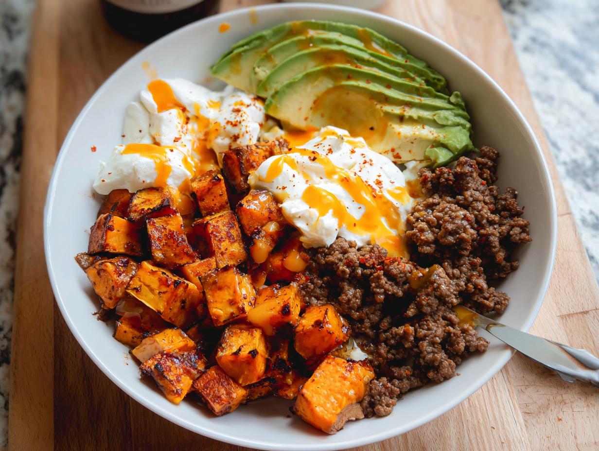A delicious Ground Beef Hot Honey Bowl featuring seasoned ground beef, roasted sweet potatoes, creamy yogurt, and sliced avocado.